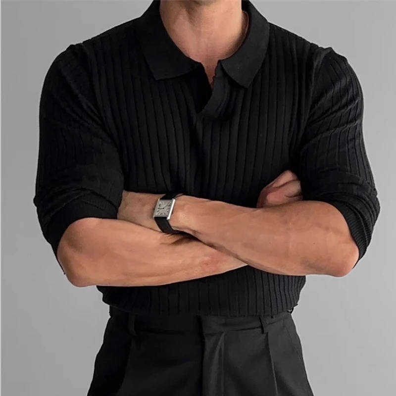 Men's long sleeve knit polo sweater casual style anti-shrink polyester fabric everyday comfort
