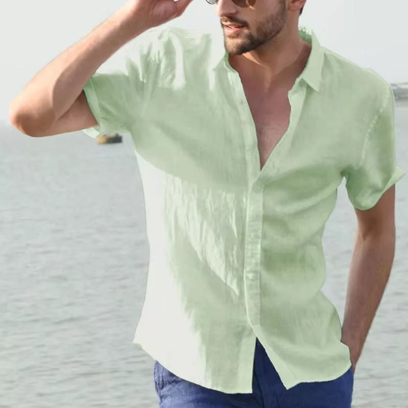 Men's lightweight linen blend shirt in solid color, relaxed office-casual fit with moisture-wicking fabric