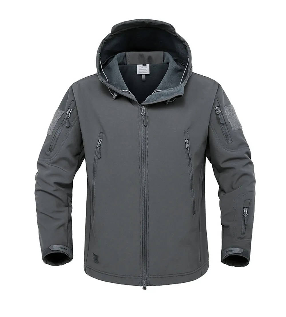 Men's dark tactical softshell hooded jacket windproof water-resistant with multiple zipper pockets