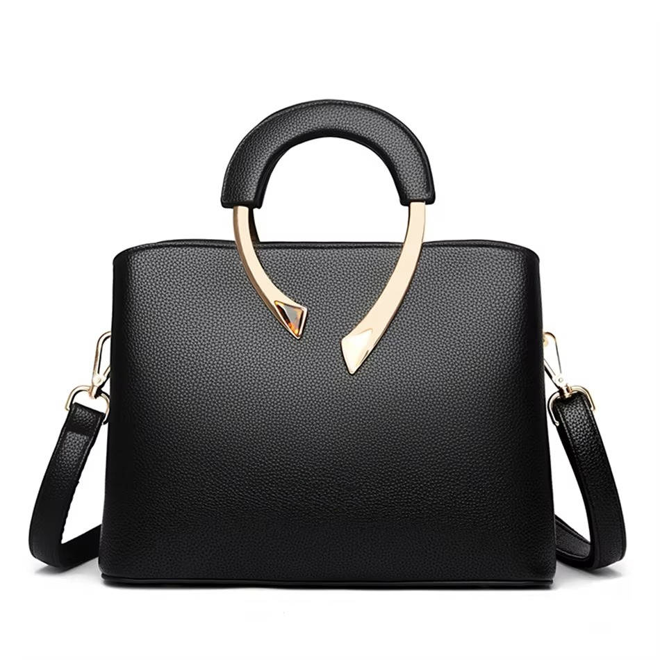 Pebbled faux leather structured handbag gold metal handle polished everyday professional style