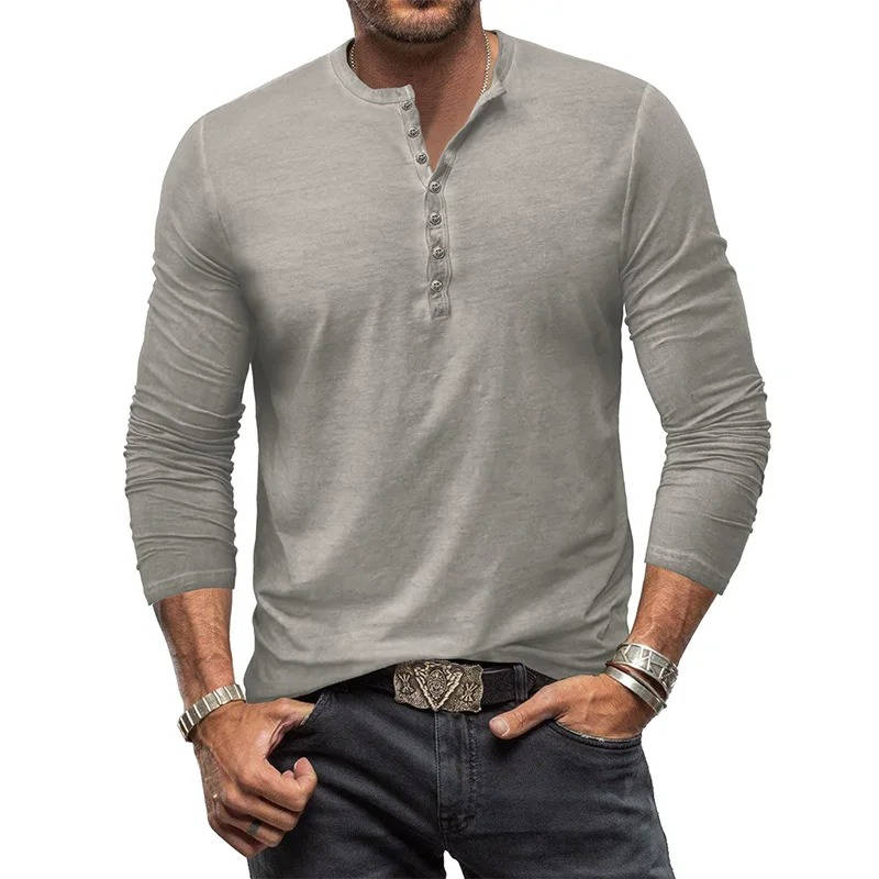 Men's long sleeve cotton Henley shirt in casual stretch fit with button placket for everyday wear