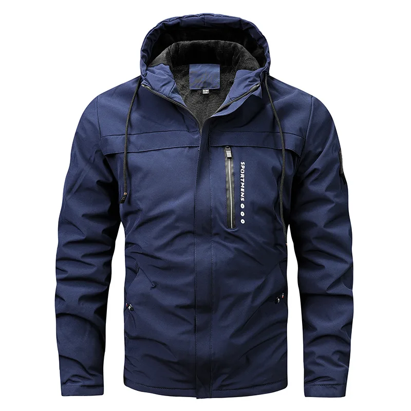 Men's windproof water-resistant jacket regular fit fleece-lined hood in neutral outdoor style