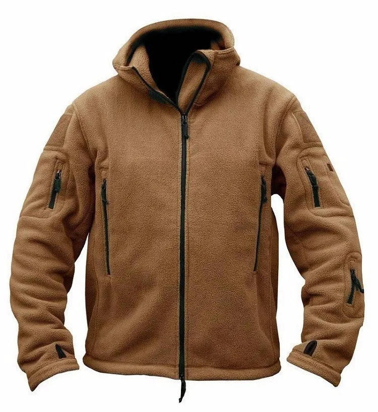 Men's gray thermal fleece jacket with seven pockets, rugged outdoor fit for cold weather
