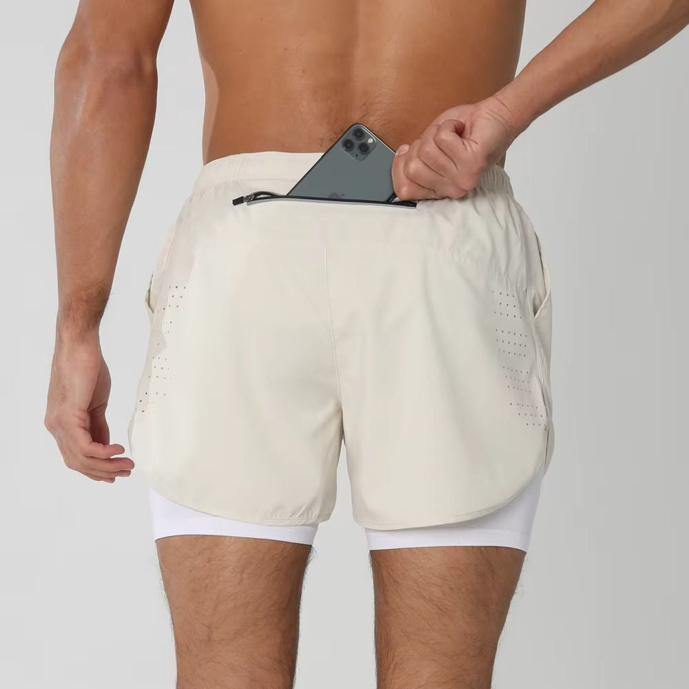 Men's dual-layer sports shorts gray gym swim run compression liner phone pocket