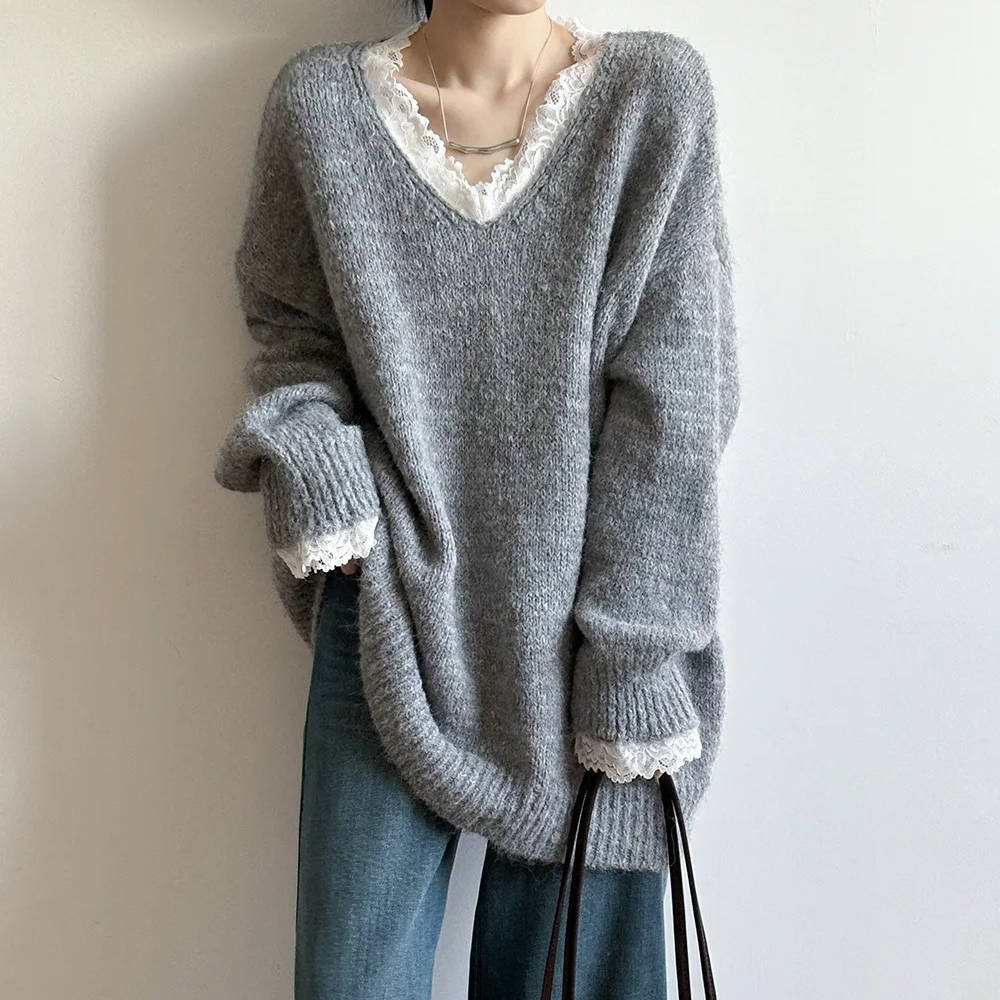 Women's V-neck sweater with delicate lace neckline, soft knit blend, feminine everyday style