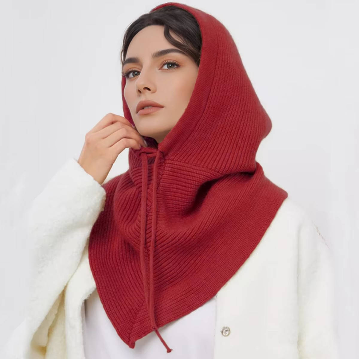 Beige knit 2-in-1 hooded hat scarf with drawstring tie for winter neck and ear coverage