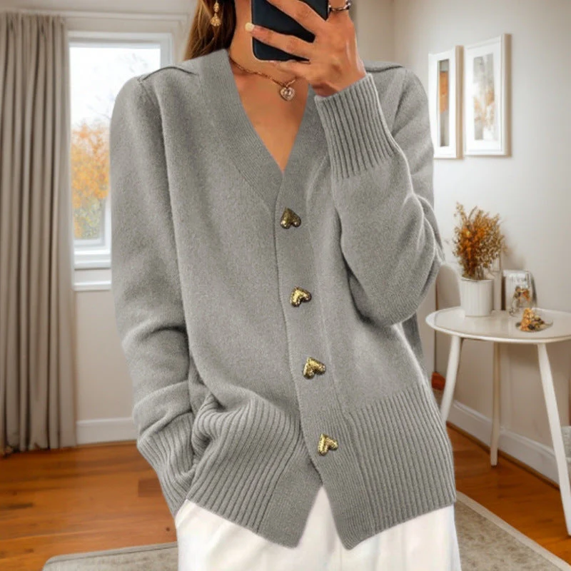 Women's soft wool blend cardigan in cozy fit with V-neck and heart button detail