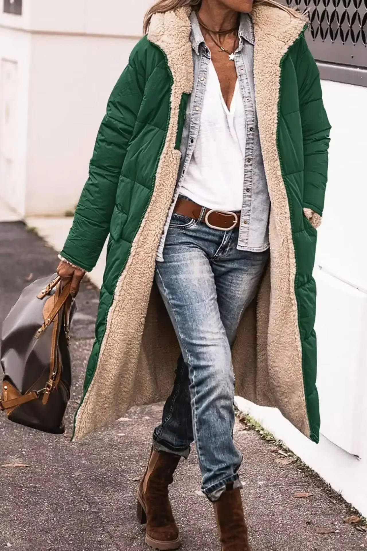 Women's long quilted coat with hood, fleece-lined insulated winter outerwear in classic style