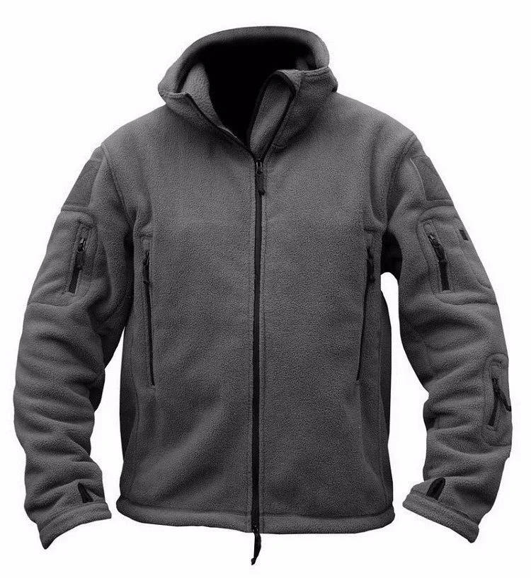 Men's gray thermal fleece jacket, rugged outdoor fit with seven-pocket organization for cold weather