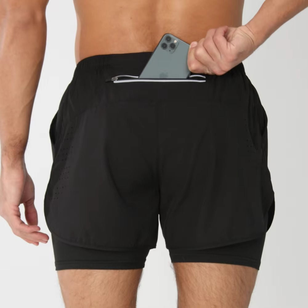 Men's dual-layer sports shorts black gym swim run with built-in phone pocket compression liner
