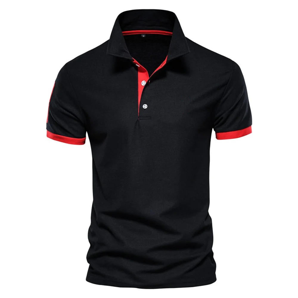 Men's navy slim fit polo shirt with bold orange placket and cuffs, smart casual style