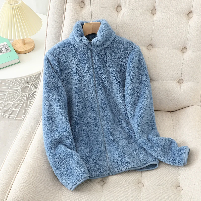Women's plush fleece reversible relaxed-fit high-neck zip-up jacket for cozy everyday warmth