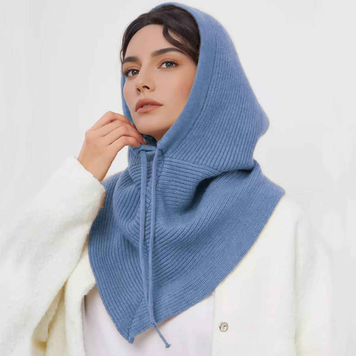 Beige knit 2-in-1 hooded hat scarf with drawstring tie for winter neck and ear coverage