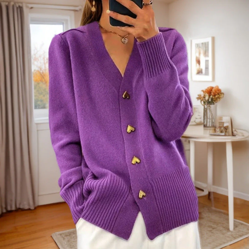Women's wool blend relaxed fit V-neck cardigan with charming heart buttons for cozy everyday chic