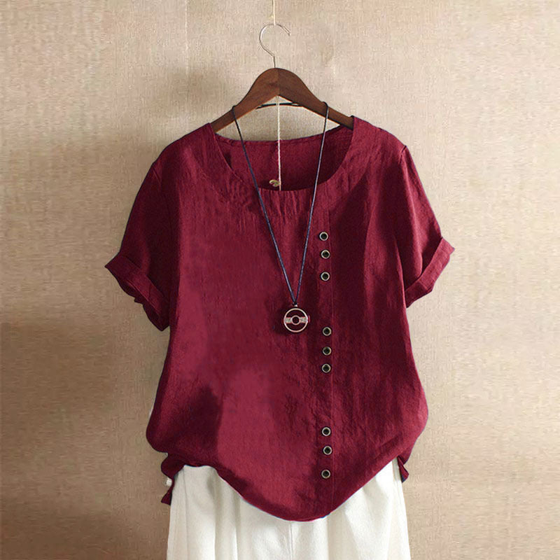 Vera white cotton linen blend round neck T-shirt with button closure, breathable everyday casual style