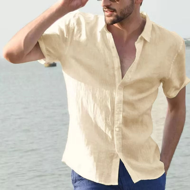 Men's light blue linen blend shirt slim fit breathable lightweight for office and casual wear