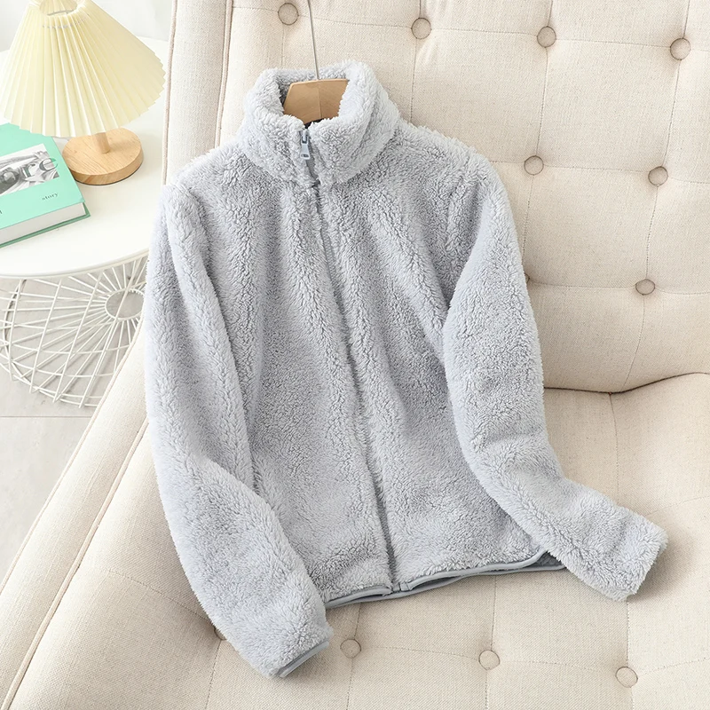 Women's plush fleece reversible relaxed-fit high-neck zip-up jacket cozy warmth two-in-one style