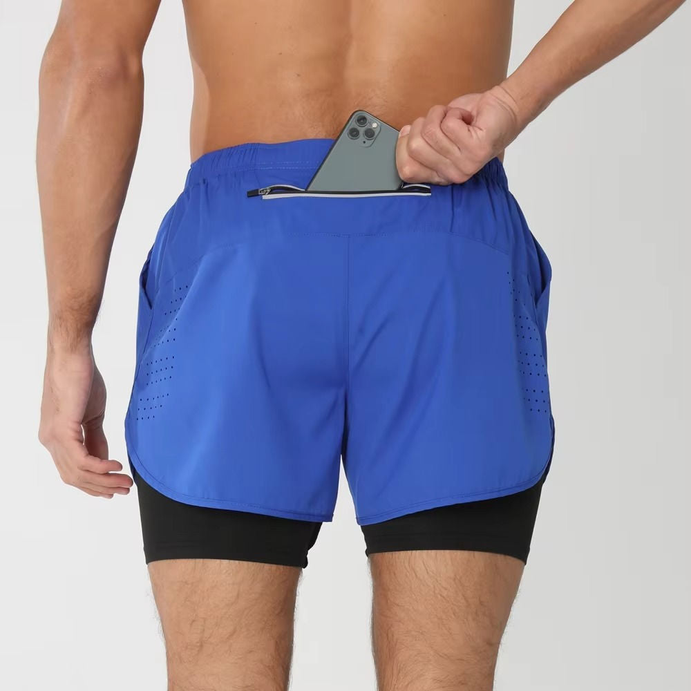 Men's dual-layer sports shorts black gym swim run compression liner phone pocket