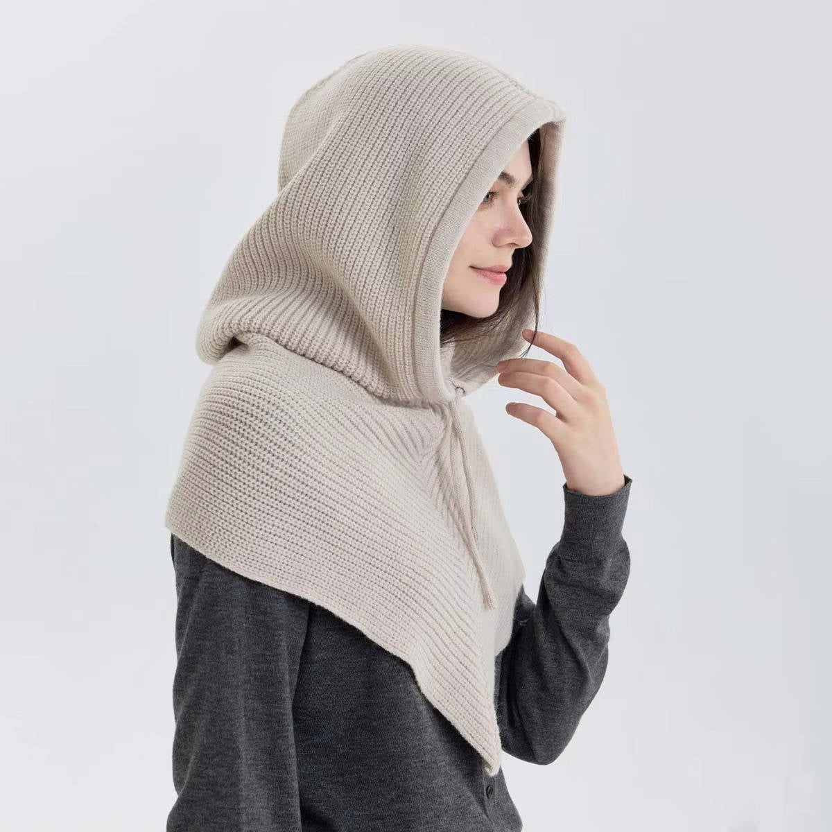 Beige knit 2-in-1 hooded hat scarf with drawstring tie and cozy neck coverage for winter