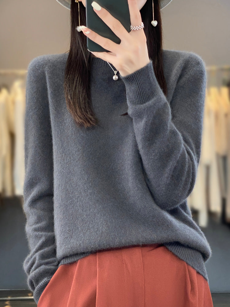 Women's classic crewneck winter sweater in neutral tone, clean silhouette with versatile everyday fit