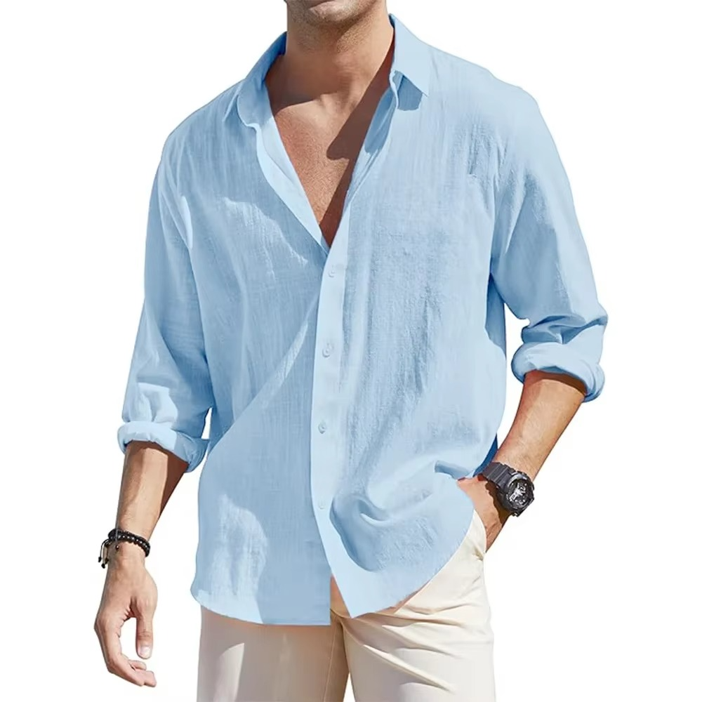 Men's long sleeve linen shirt relaxed fit breathable cotton-linen blend casual button-down everyday style