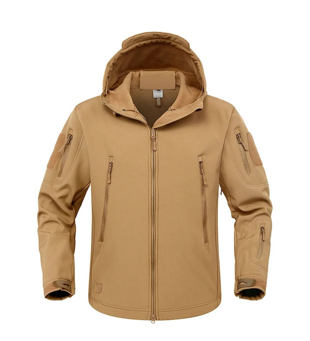 Men's black tactical softshell hooded jacket windproof water-resistant with multiple zipper pockets