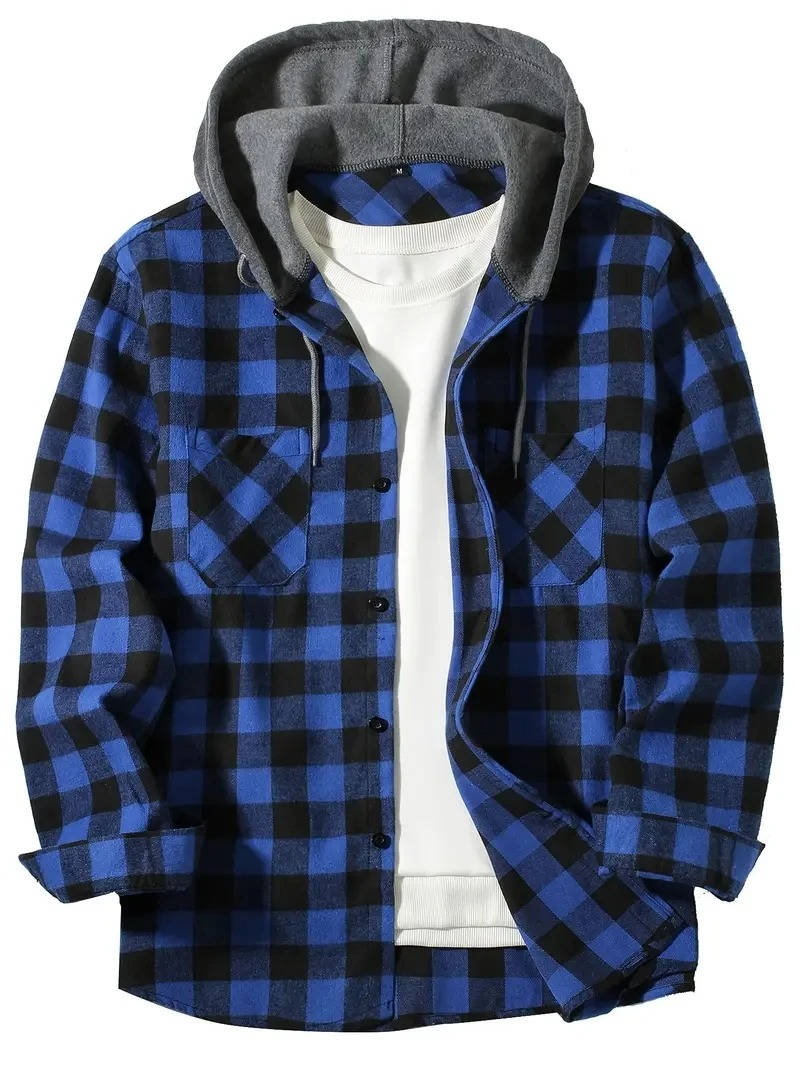 Men's red black buffalo plaid hooded flannel shirt with fleece-lined hood, lightweight brushed cotton blend