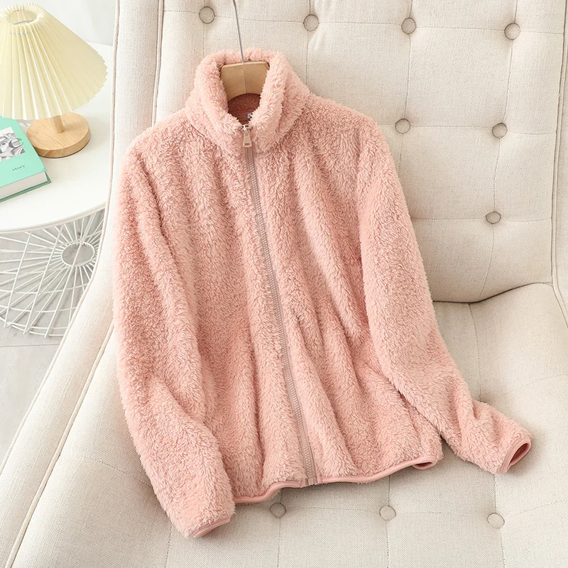Women's plush fleece reversible zip-up jacket relaxed fit high neck cozy warm two-in-one style