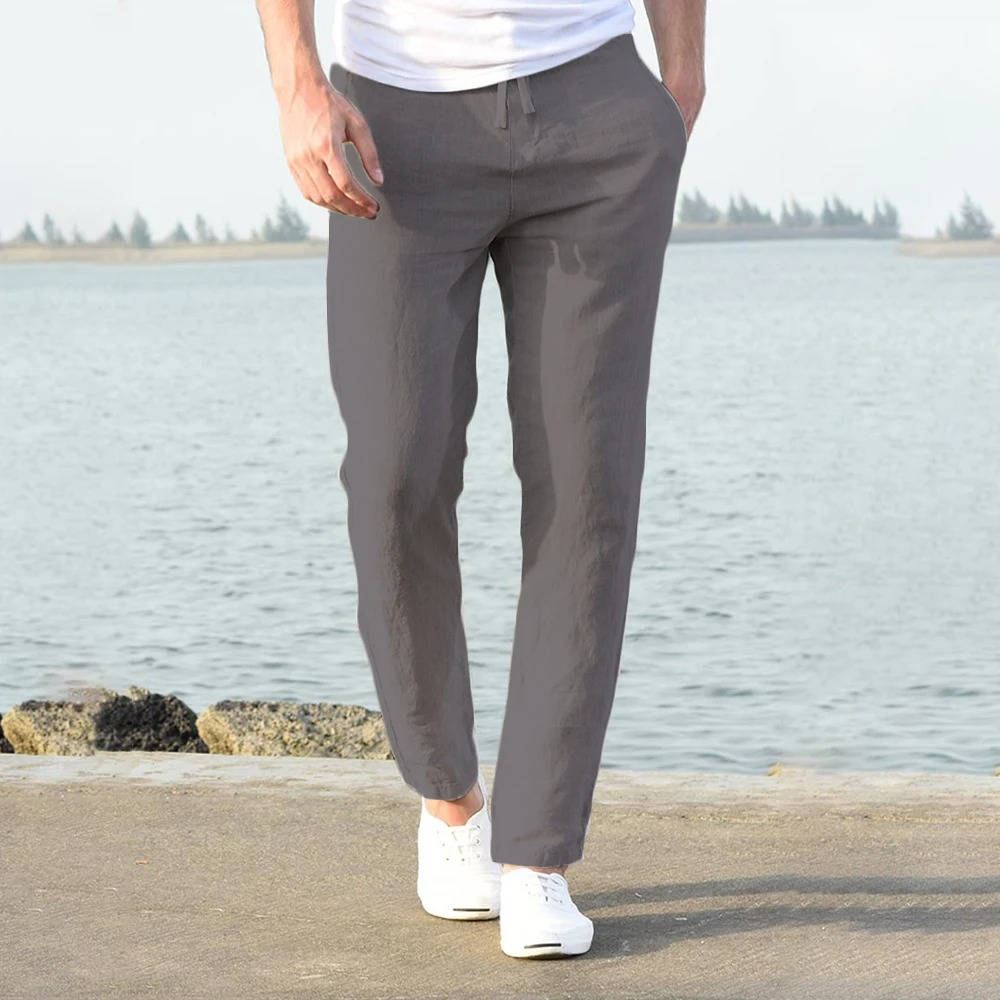 Men's beige cotton-linen blend pants with elastic waist, slim tailored cut for all-day breathable comfort