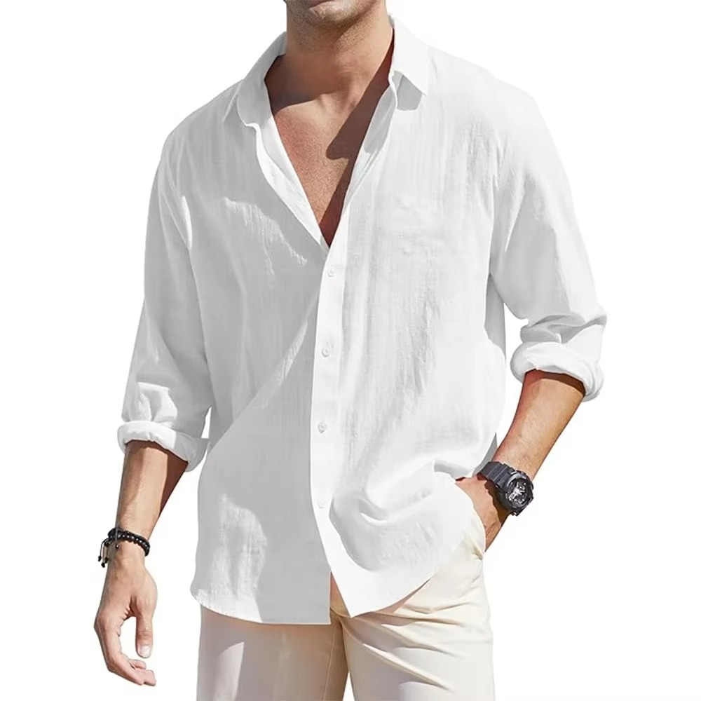 Men's long sleeve linen blend shirt relaxed fit breathable button-down everyday casual style