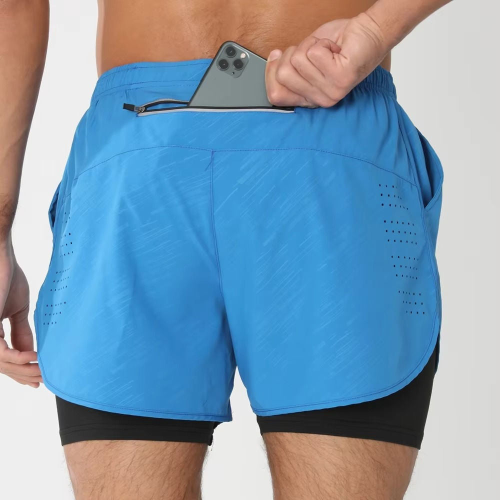 Men's dual-layer sports shorts gray gym swim run with built-in compression liner phone pocket