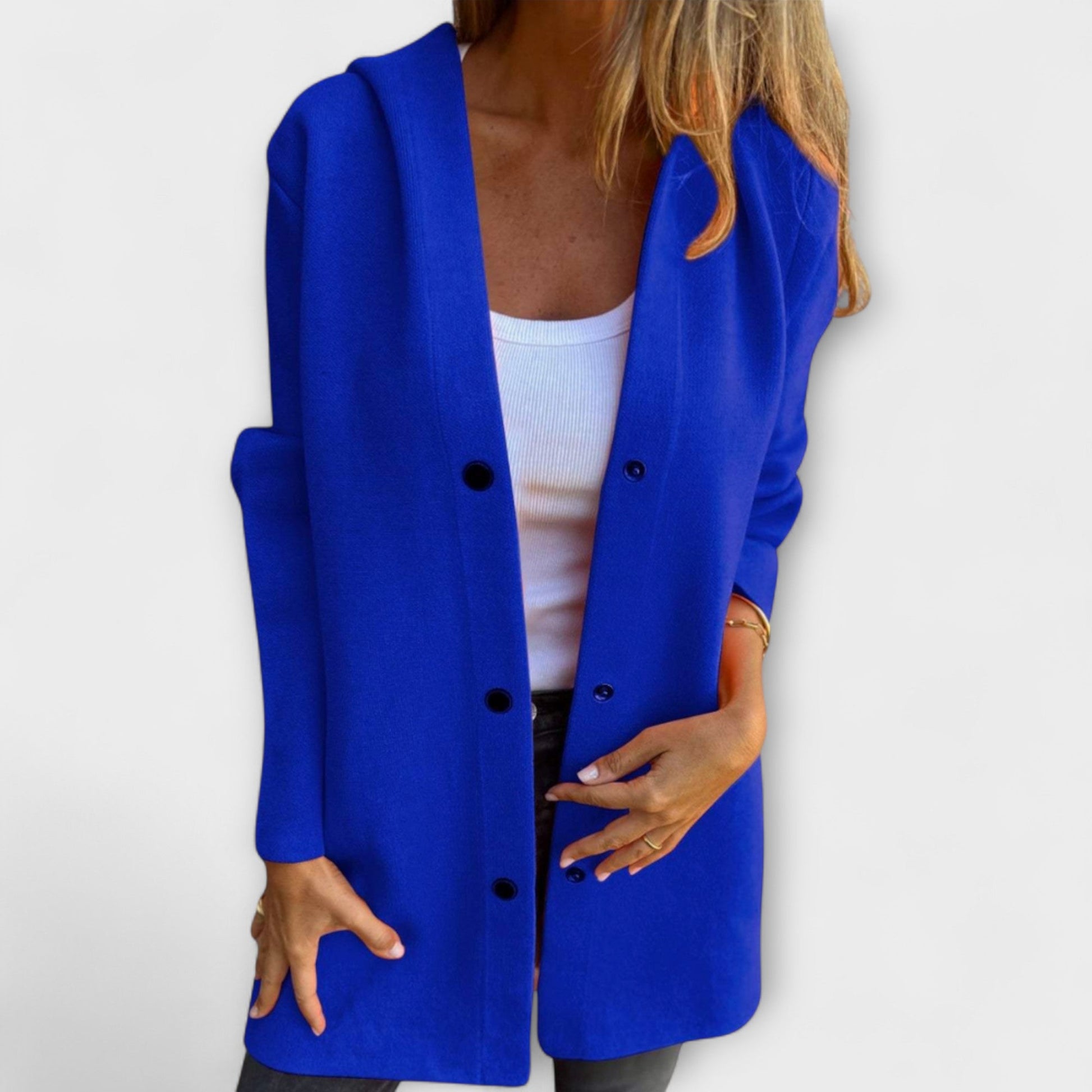 Kimberly women's button-front long coat tailored silhouette casual everyday elegance