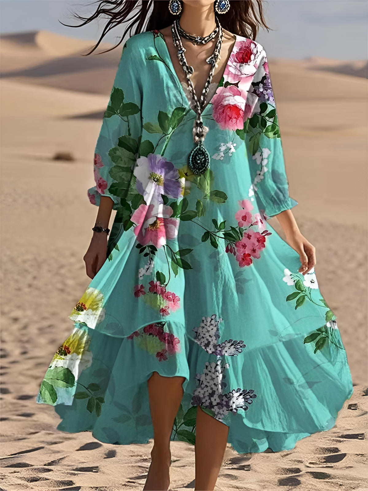 Women's floral boho maxi dress, vintage V-neck full-sleeve synthetic blend, knee-length silhouette