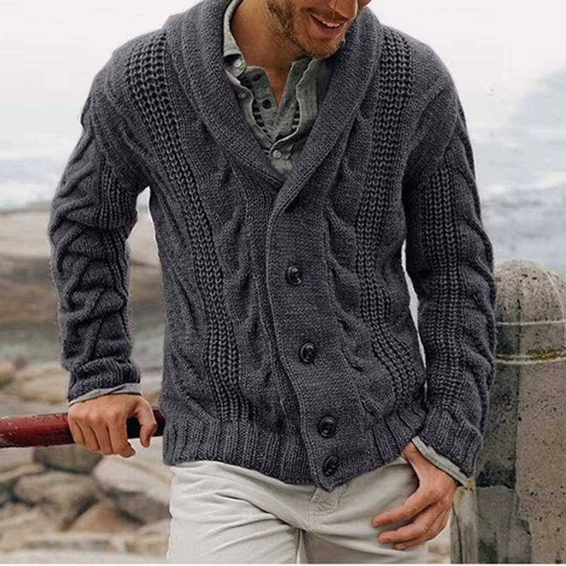 Men's cable knit button-front cardigan sweater in neutral tones, moisture-wicking acrylic blend for office
