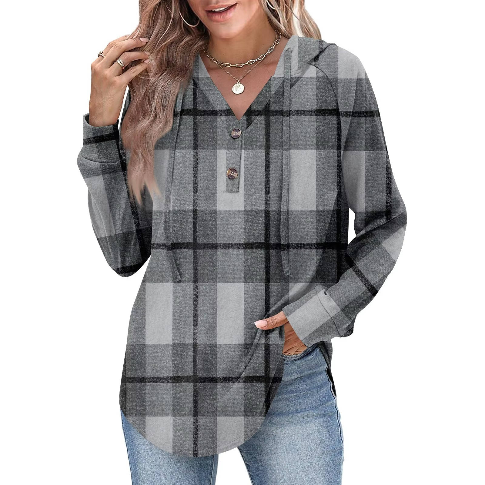 Women's relaxed-fit V-neck button hoodie sweatshirt with adjustable partial button closure, casual everyday style