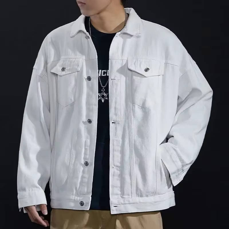 Mens olive green denim jacket with front button closure, classic chest pockets, and casual everyday fit