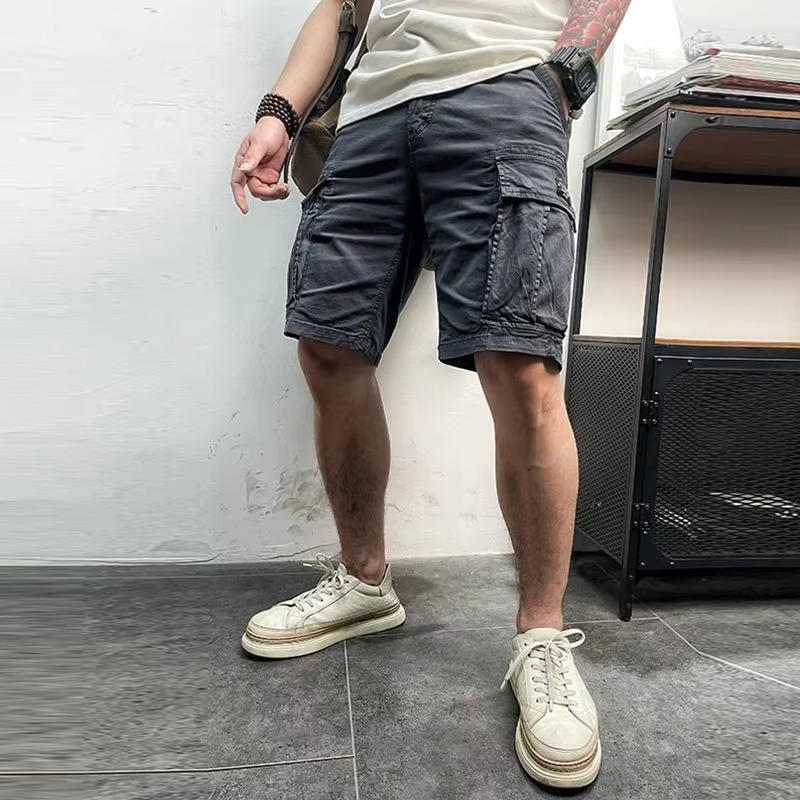 Men's lightweight cotton cargo shorts with 6-pocket design, straight fit, and snap-closure cargo pockets