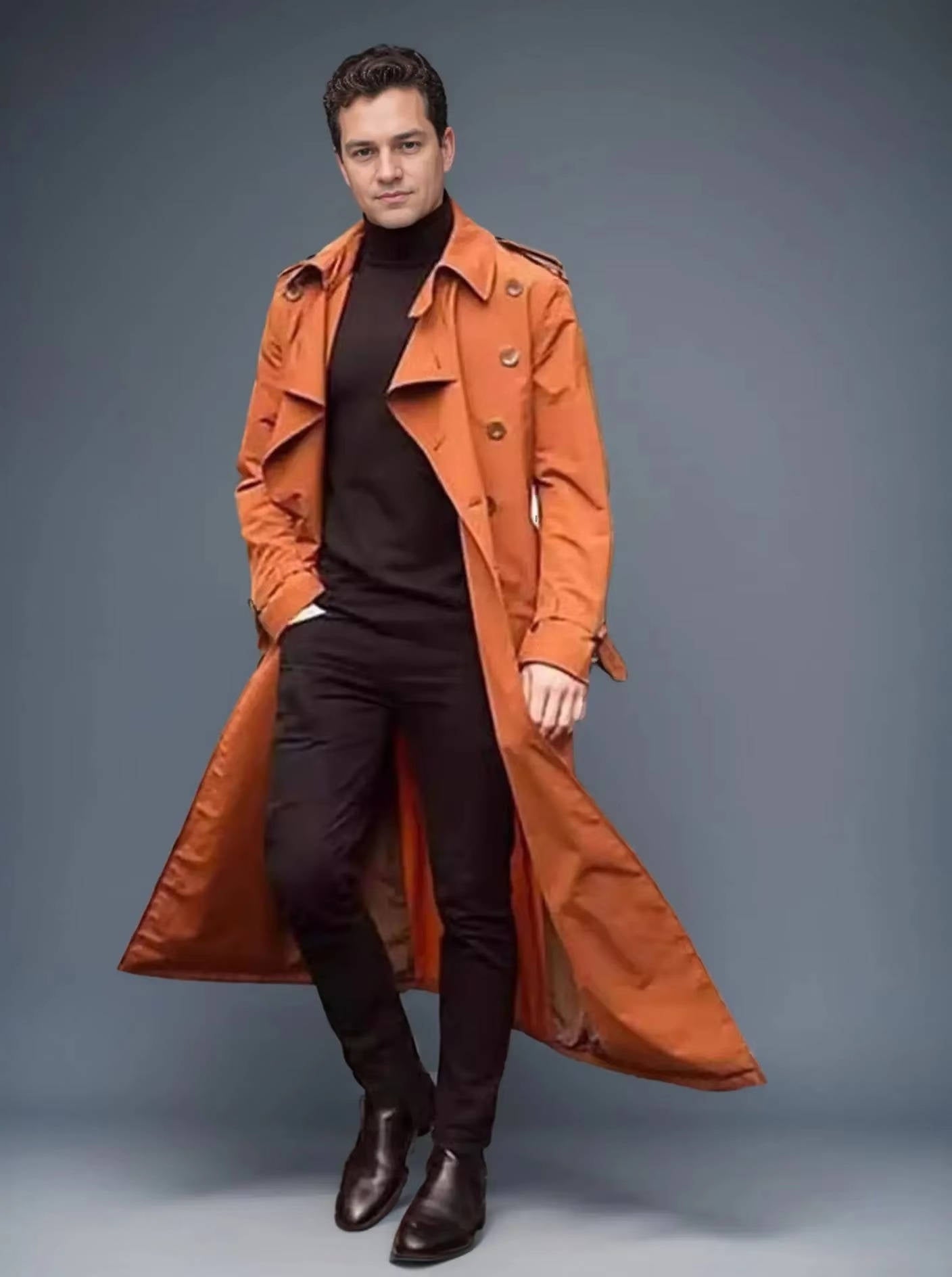 Men's long double-breasted trench coat solid color tailored silhouette with waist belt for modern style