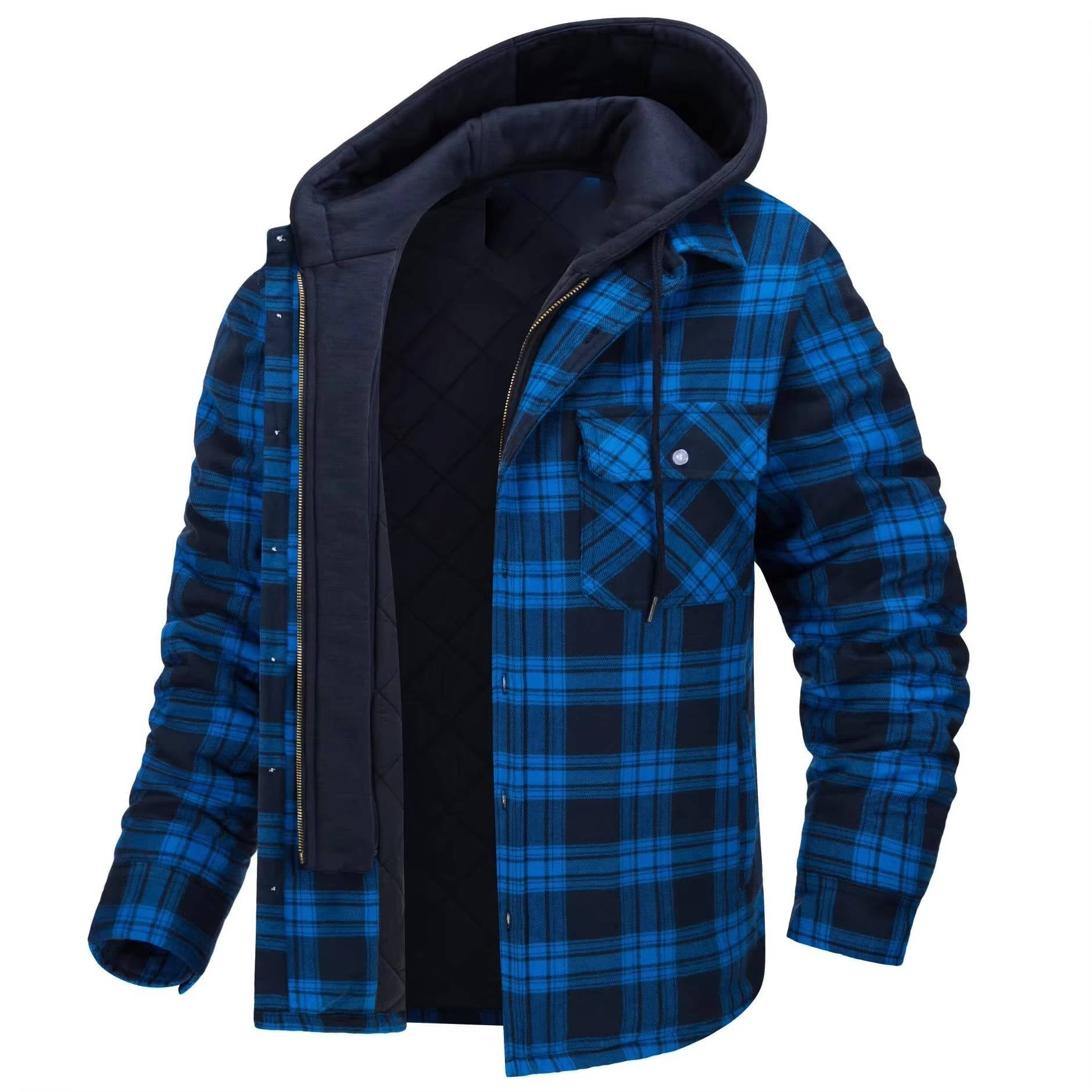 Men's plaid bomber jacket hooded zip-front warm lining relaxed fit for everyday commuter wear