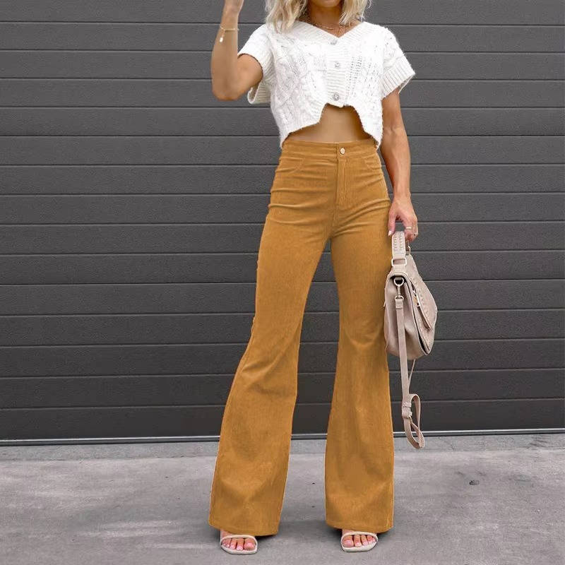 Women's brown corduroy flare pants high-waisted vintage style with all-day stretch comfortable fit