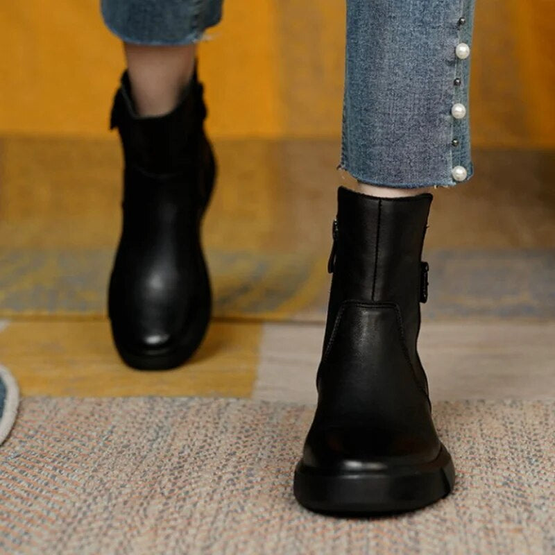 Madison women's leather ankle boots with buckle detail, classic silhouette for versatile fall styling