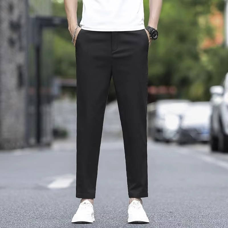 Men's khaki ankle straight fit chino pants with elastic waistband, lightweight stretch fabric for smart casual wear