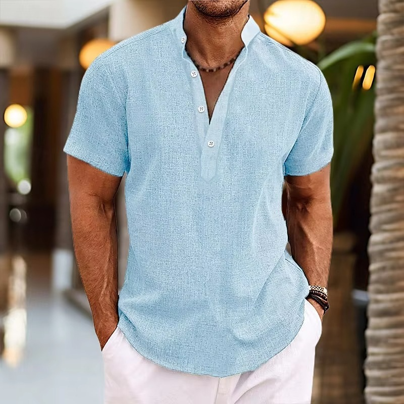 Men's light linen Henley shirt breathable lightweight short sleeve everyday essential all seasons