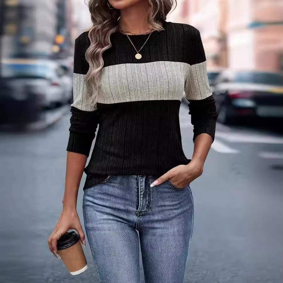 Women's colorblock striped round neck long sleeve sweater in polyester-viscose blend with relaxed fit