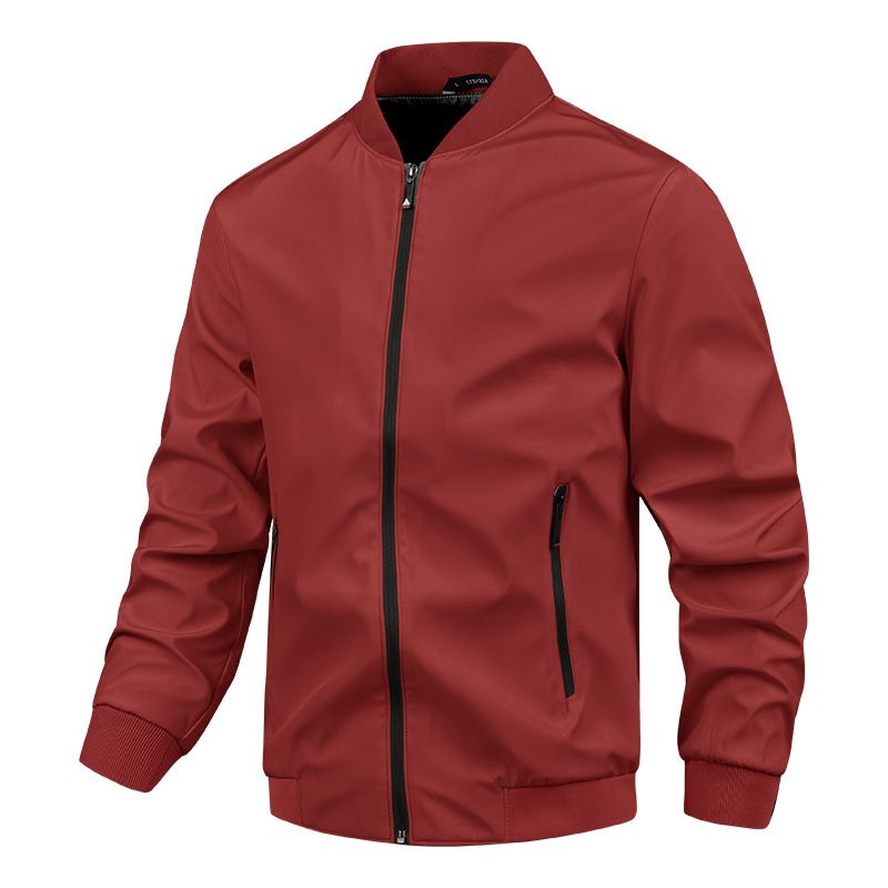 Men's black windproof stand collar jacket with ribbed trim and zipper closure, regular fit for urban commuters