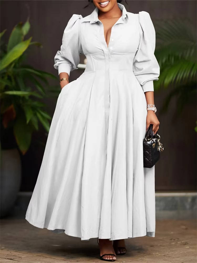 Women casual button-front maxi dress long sleeve high waist A-line silhouette versatile everyday style