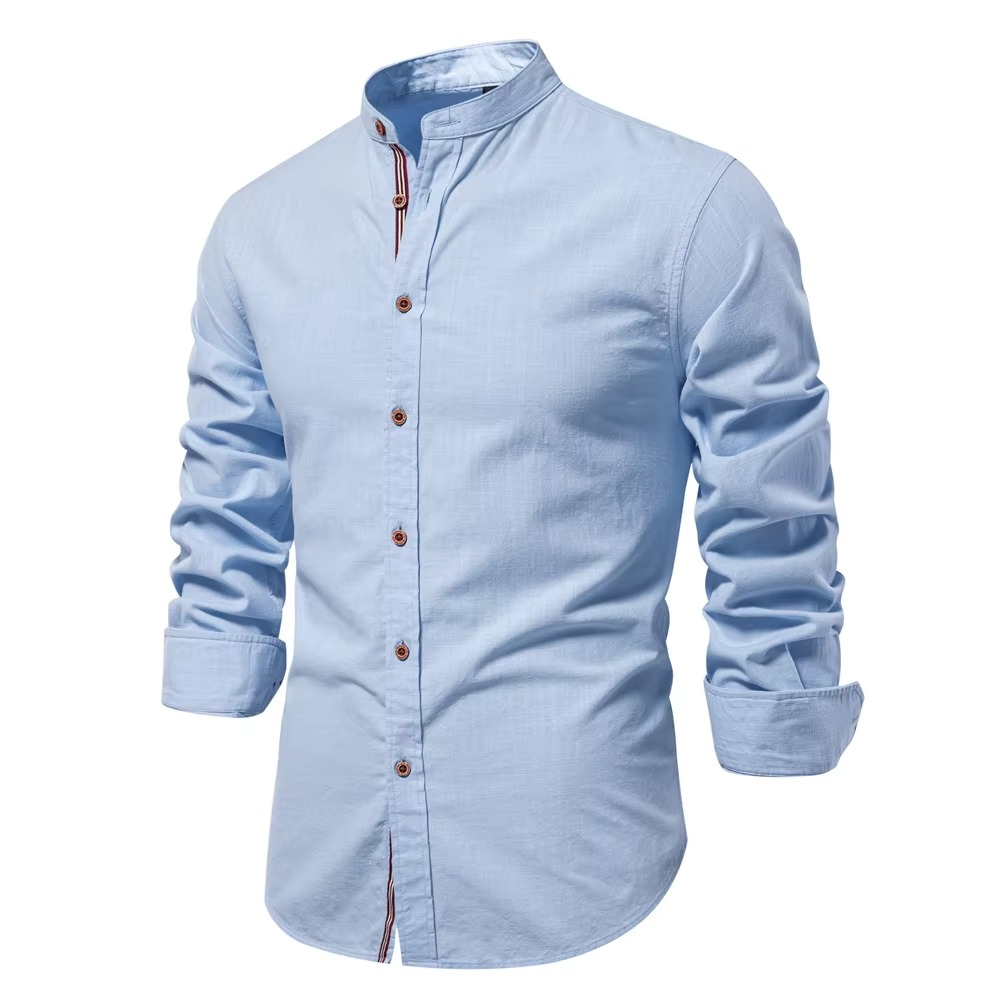 Men's slim fit mandarin collar button-down shirt, breathable cotton-linen blend, modern tailored cut