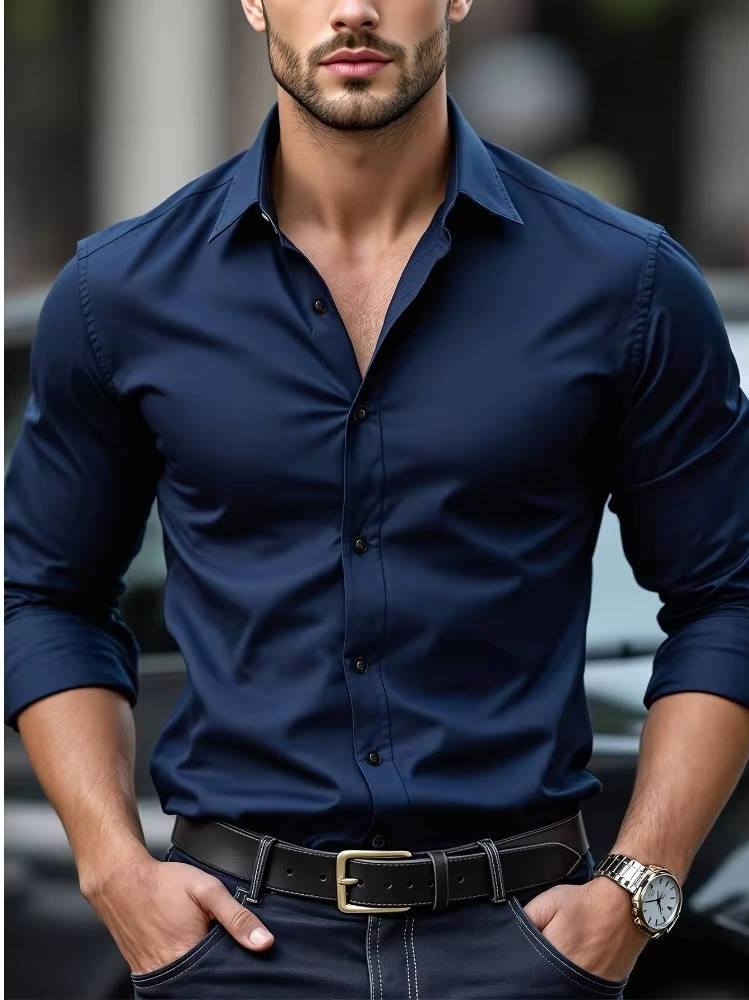 Men's burgundy slim fit stretch cotton dress shirt long sleeve crisp tailored work style
