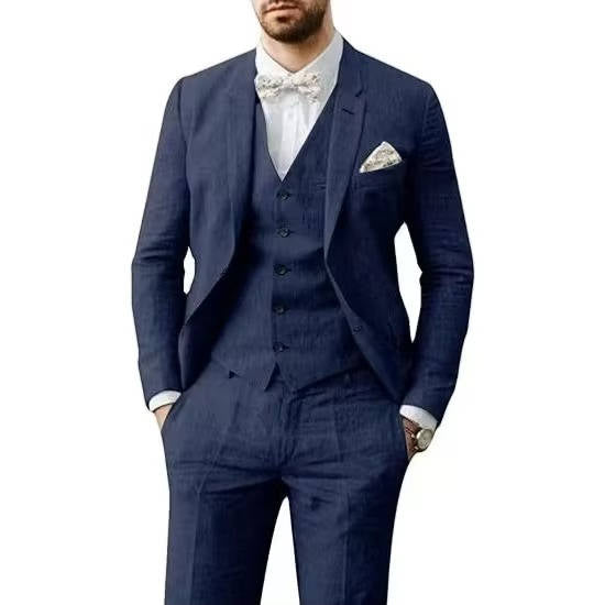 Men light blue linen three-piece suit with vest, breathable slim-fit style for summer weddings