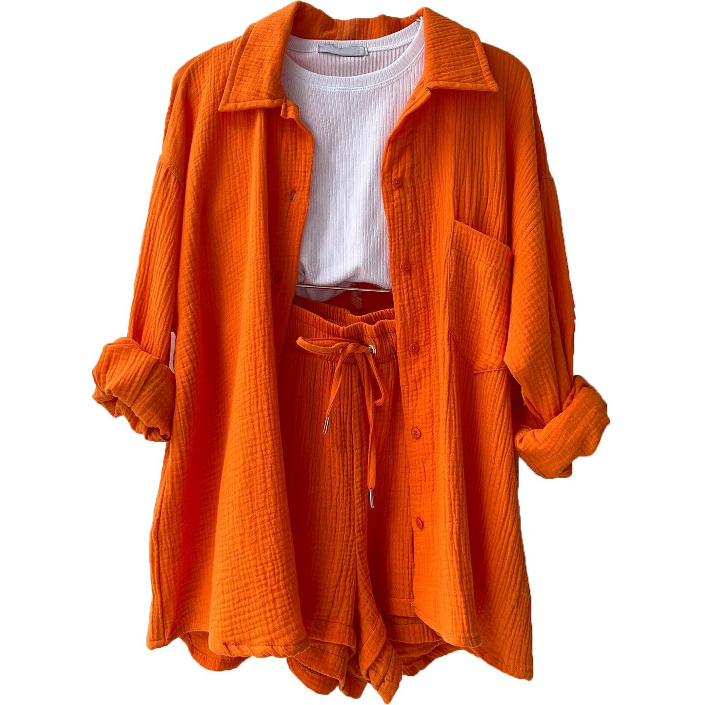 Women's lightweight cotton button-up shirt and shorts set with elastic waist, relaxed everyday style